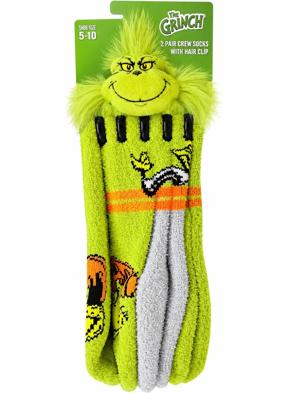 Kids Green Fuzzy Crew Socks 2-Pack with Hair Clip